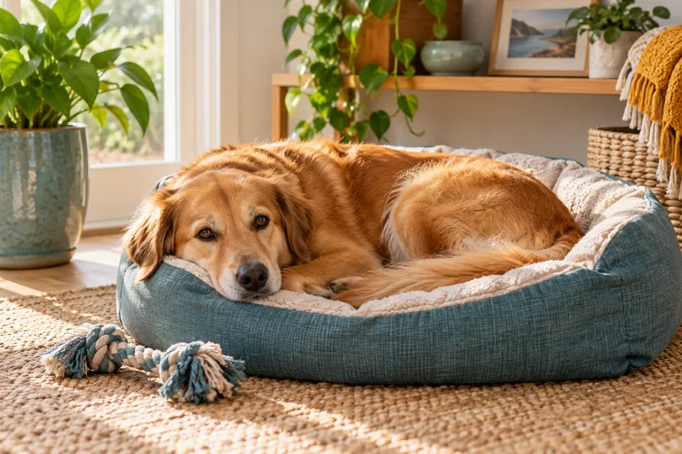 A relaxed dog resting in a fabric pet bed beside a rope toy.